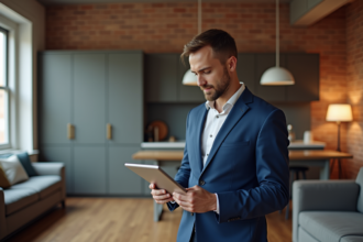Homme d'affaires en costume bleu dans un appartement moderne