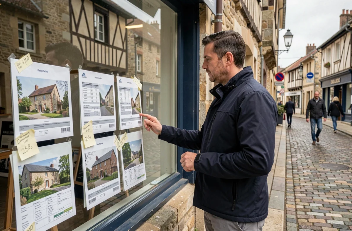 Homme consultant les annonces de maisons à louer avec jardin affichées en vitrine d'une agence immobilière dans l'Eure