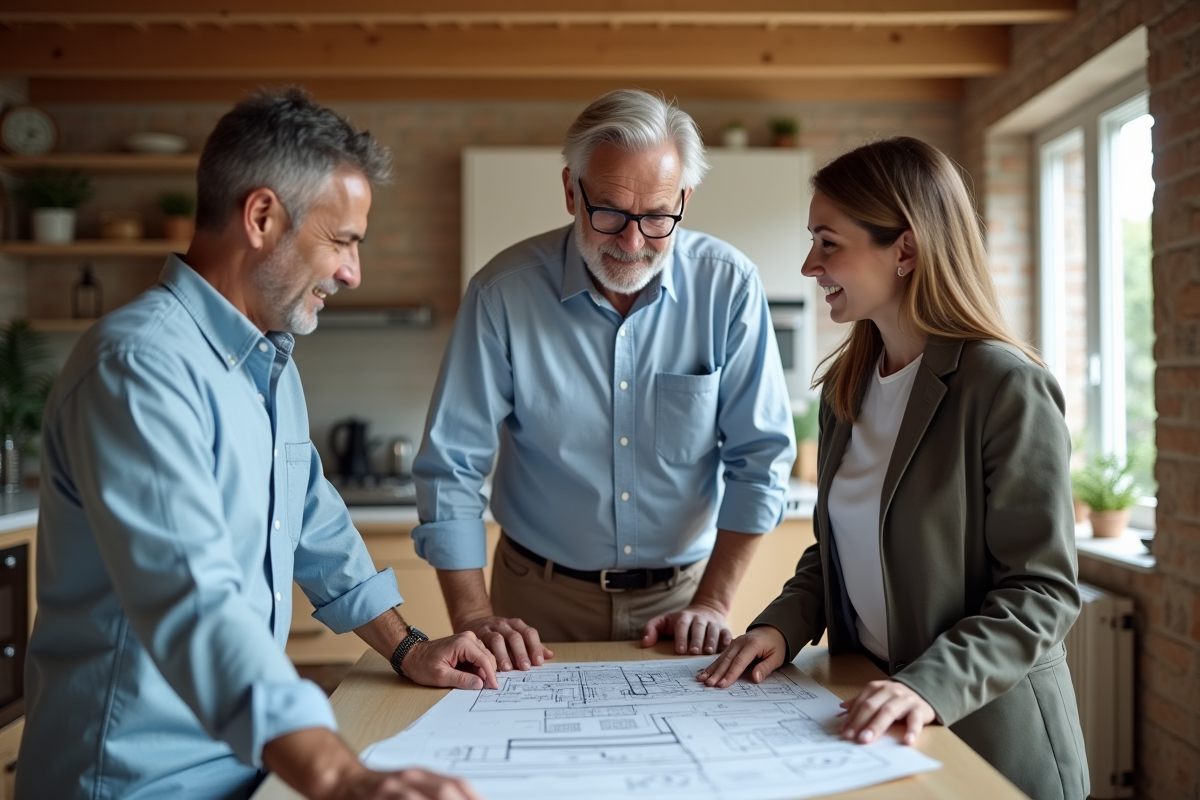 Homme pointant un plan dans une cuisine rénovée avec un couple