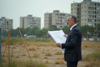 Homme d'affaires examinant des plans architecturaux sur un terrain vacant