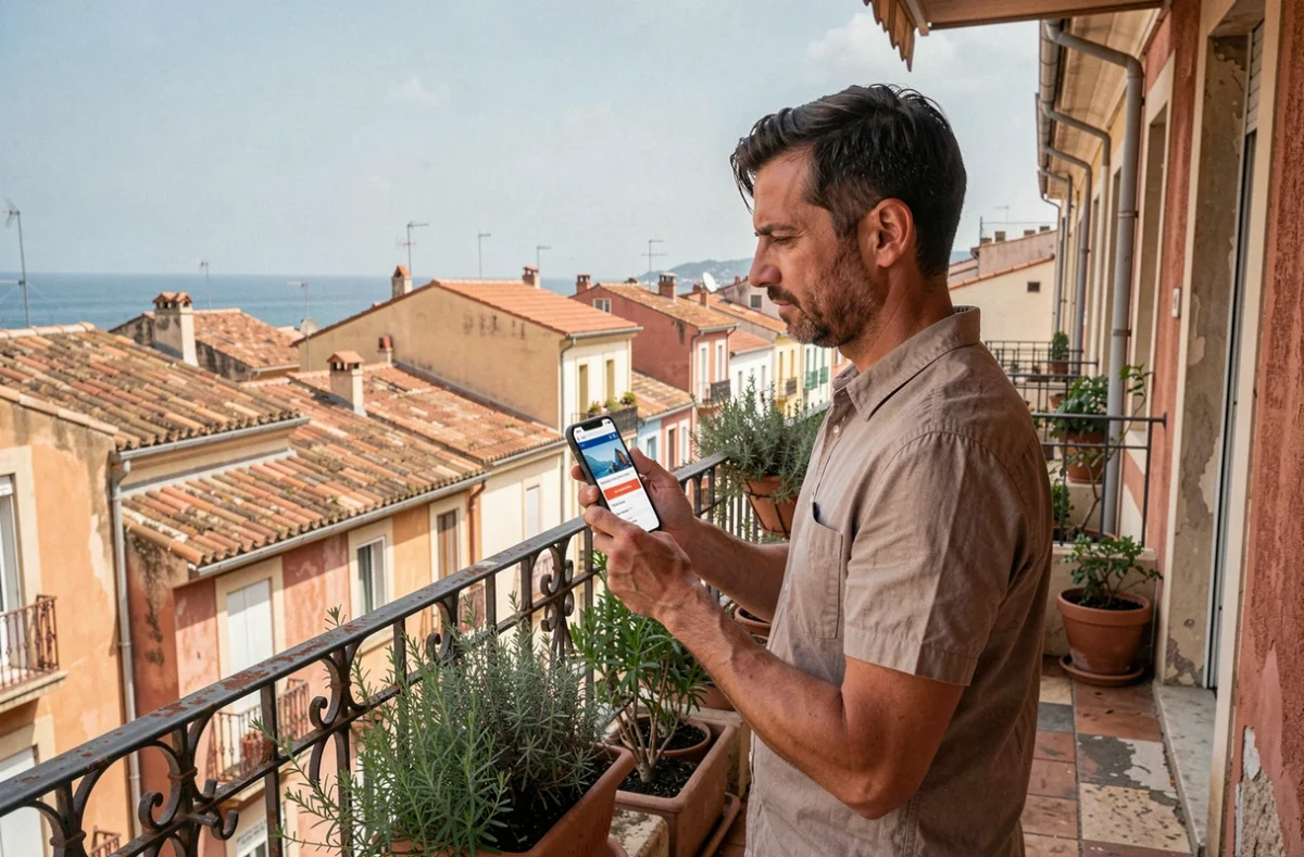 Homme comparant des offres d'assurance habitation sur smartphone depuis un balcon à Marseille