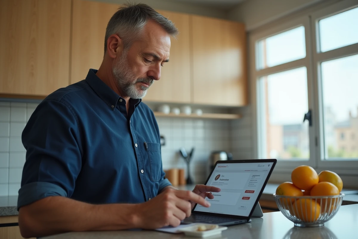 Homme consultant son compte en ligne MyCitya sur une tablette dans une cuisine moderne