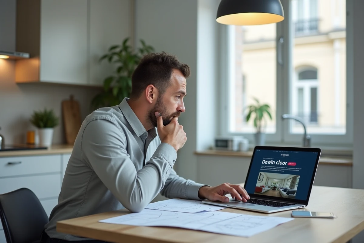 Homme consultant le site ERRIAL sur ordinateur portable pour vérifier les risques d'un bien immobilier