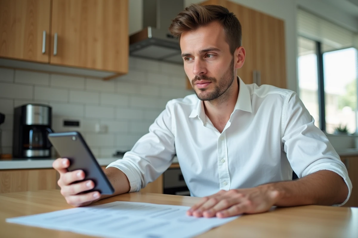 Homme consultant un contrat de location papier et une application de gestion de documents sur smartphone dans une cuisine moderne