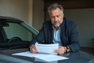 Homme d'âge moyen examinant un devis notaire sur la voiture