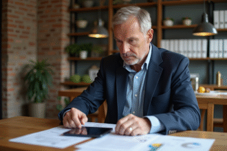 Homme d'affaires en costume bleu concentré sur documents