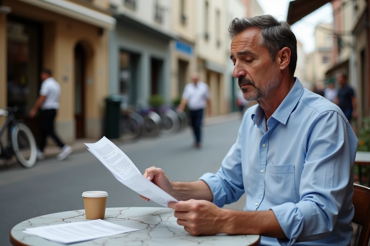 Homme consultant des documents immobiliers en terrasse dans le quartier Saint-Esprit à Bayonne, ambiance urbaine authentique