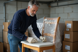 Homme en jeans et gants emballant une chaise en bois dans un sous-sol organisé