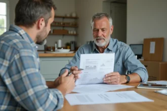 Homme d'âge moyen lisant des documents techniques dans la cuisine