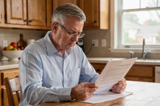 Un homme mature examine attentivement une lettre de garant à la table de sa cuisine, illustrant l'engagement financier d'un proche pour un locataire