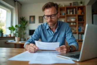 Homme d'âge moyen organise ses documents fiscaux à la maison