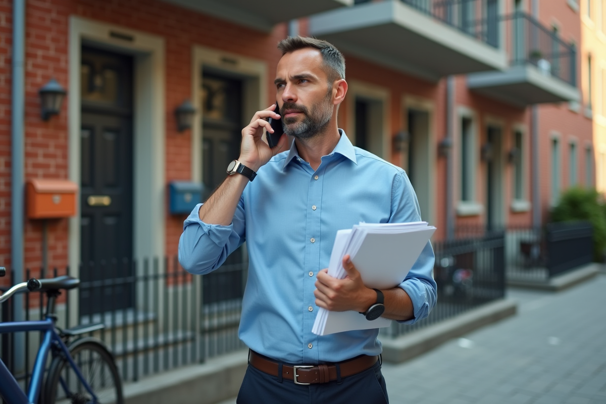 Homme parlant au téléphone dans la rue avec documents