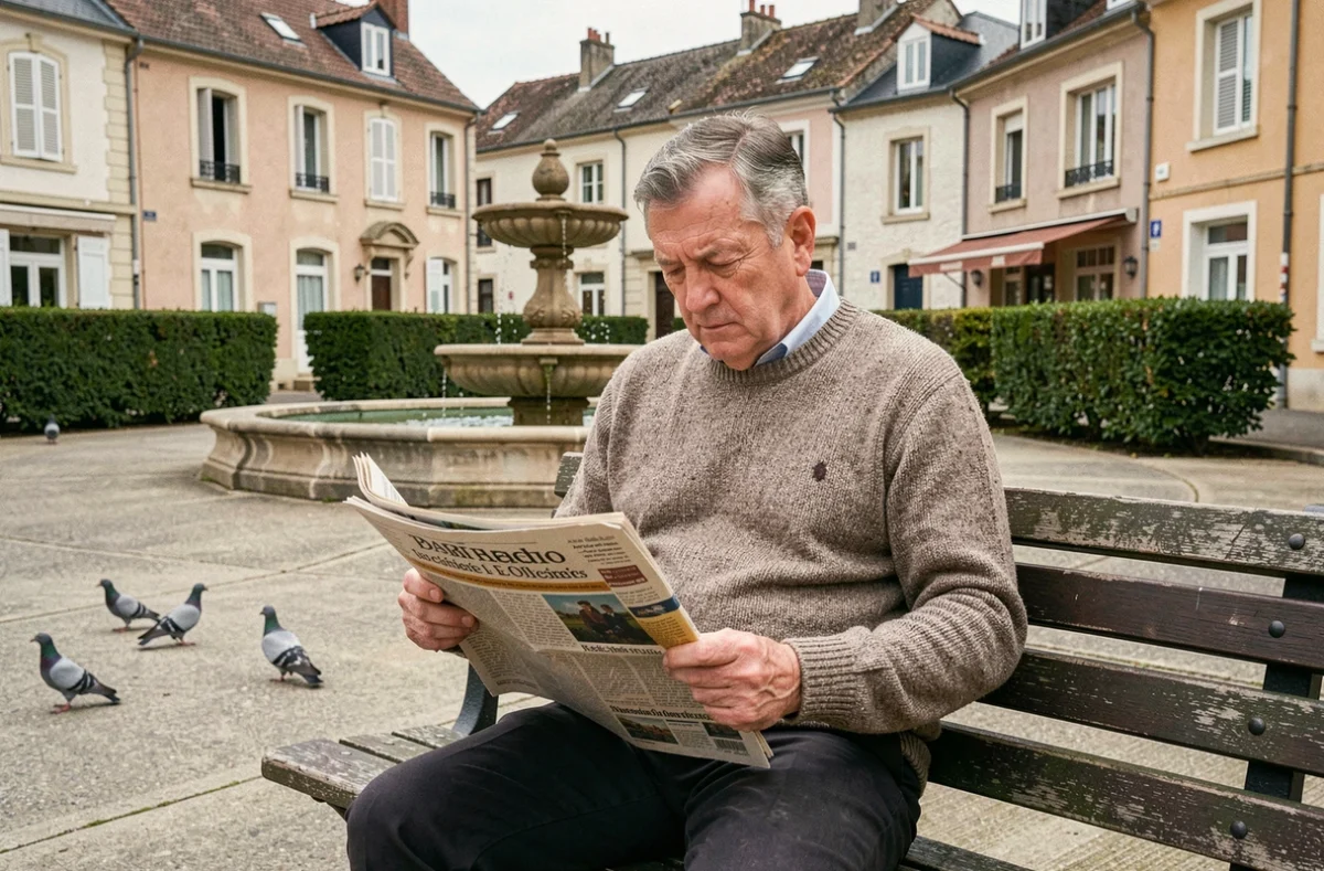 Homme d'âge mûr lisant un journal sur un banc dans une place de quartier à Blois, avec fontaine et immeubles résidentiels en fond