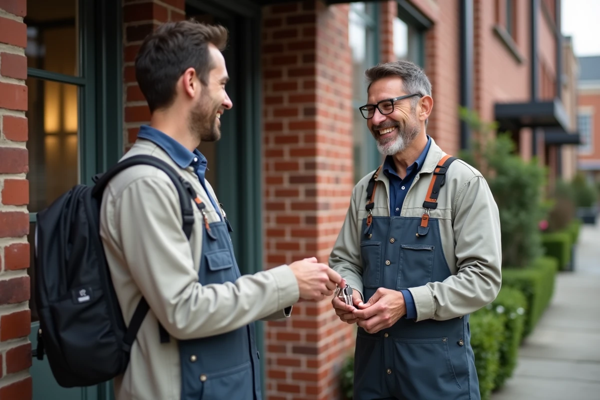 Homme reçoit des clés devant un immeuble avec agent immobilier
