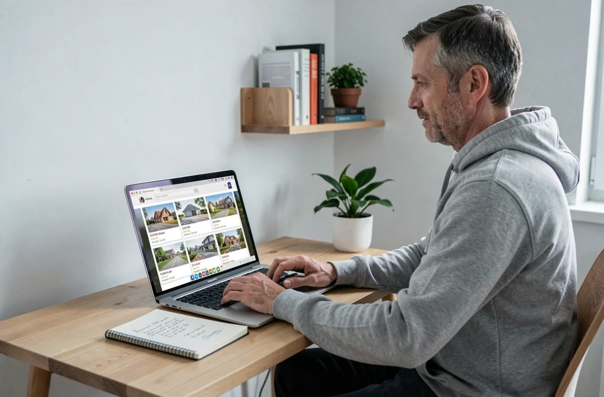 Homme recherchant des annonces de location maison pas chère dans le Nord sur ordinateur