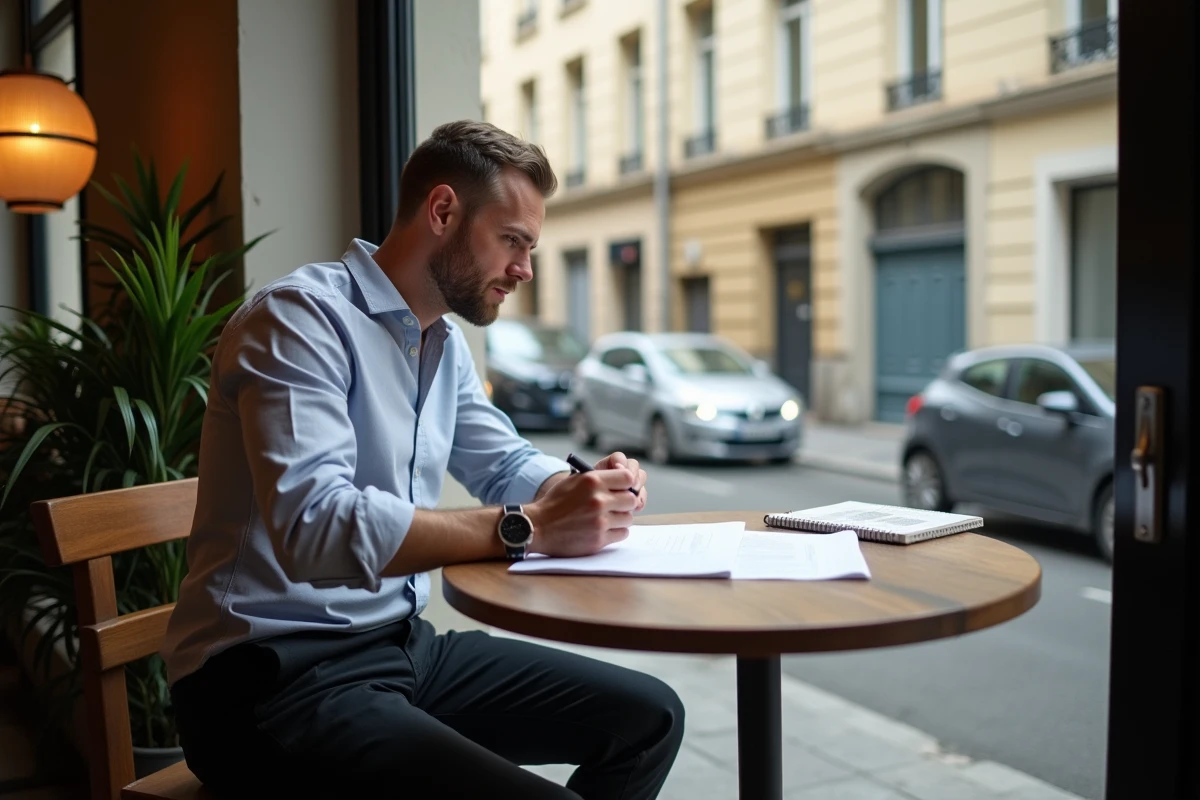 Homme en relocation professionnelle étudiant des documents immobiliers dans un café avec vue sur la rue