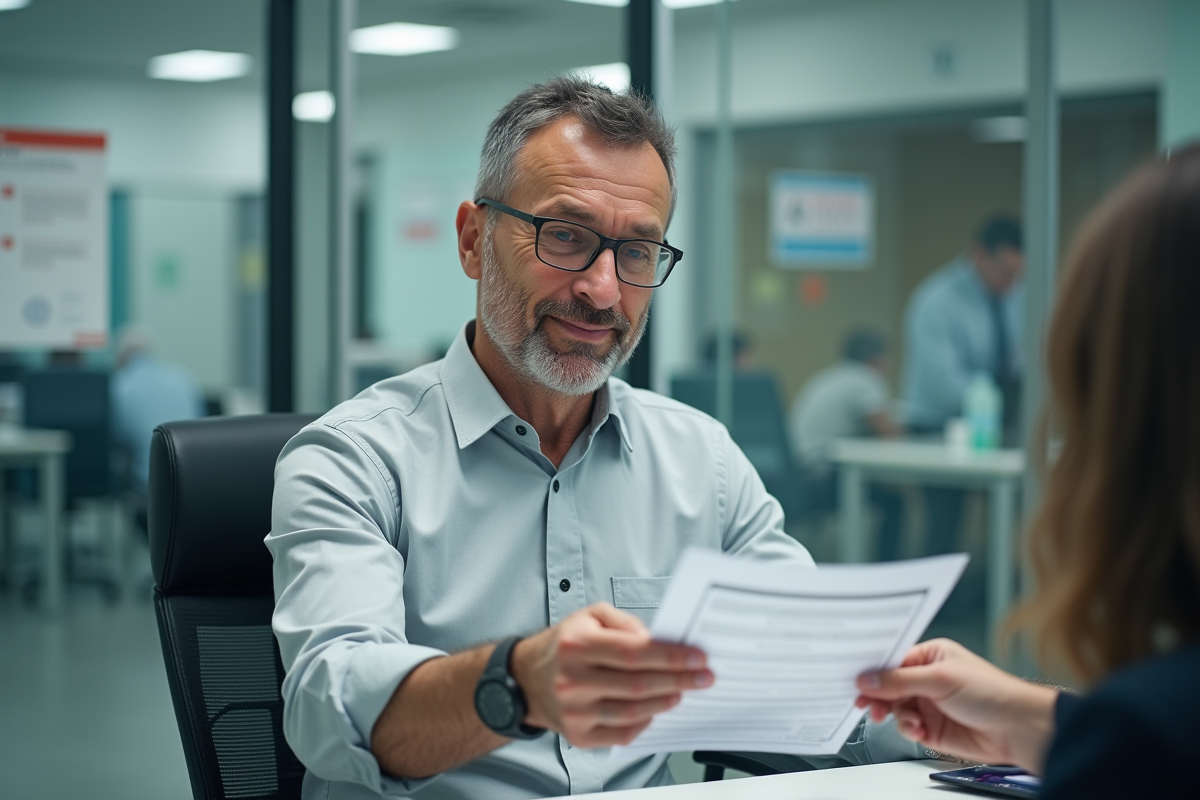 Homme remettant un dossier à un agent dans un centre administratif