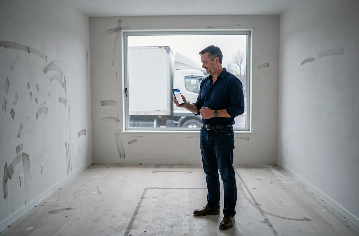 Homme utilisant son smartphone pour résilier une assurance habitation dans un appartement vide après déménagement
