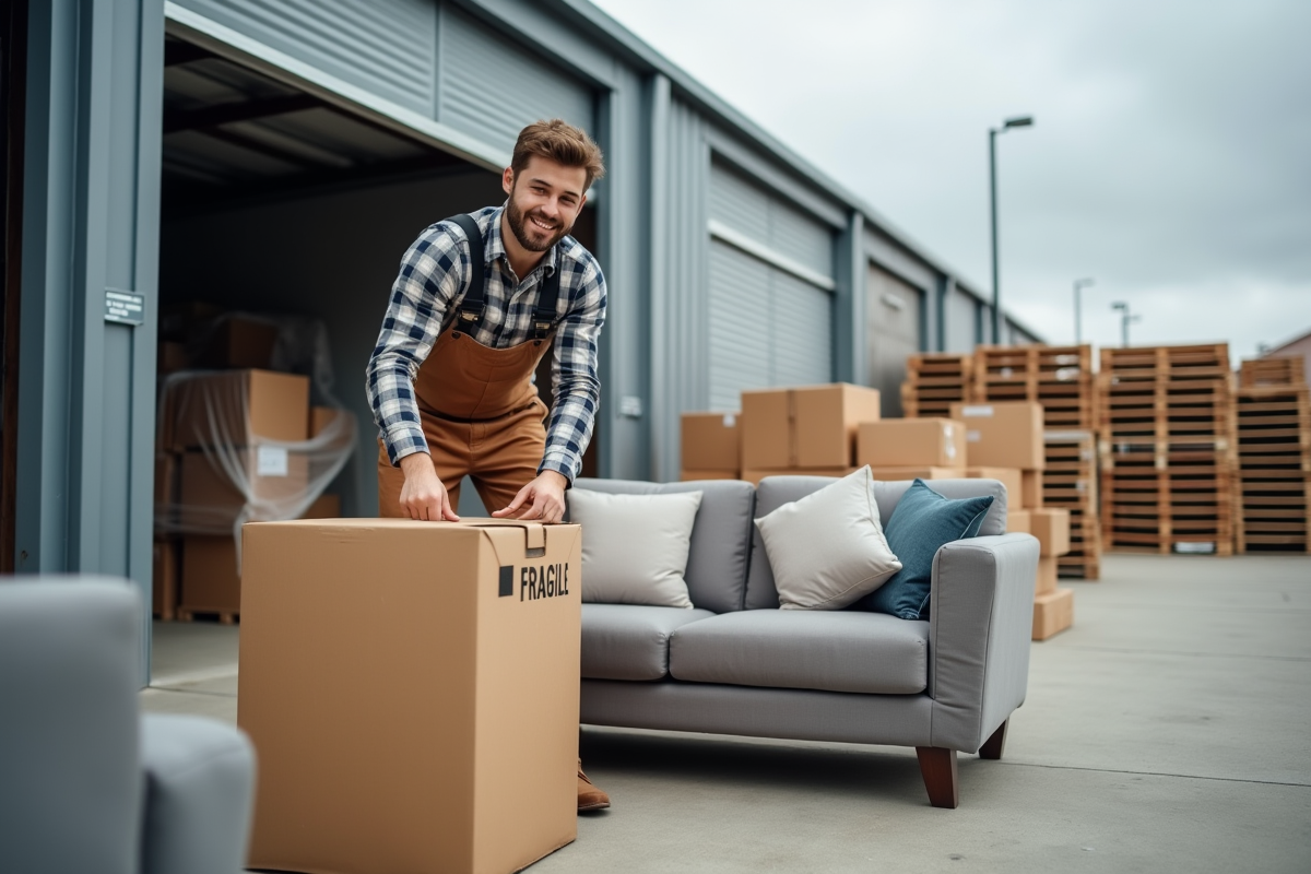 Jeune homme scellant un carton fragile en extérieur