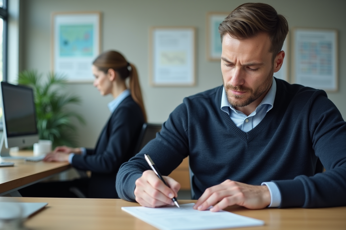 Homme signant un formulaire de garantie locative au bureau