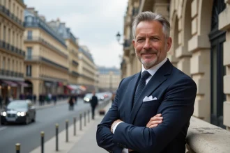Homme élégant en costume sur l'avenue Montaigne à Paris