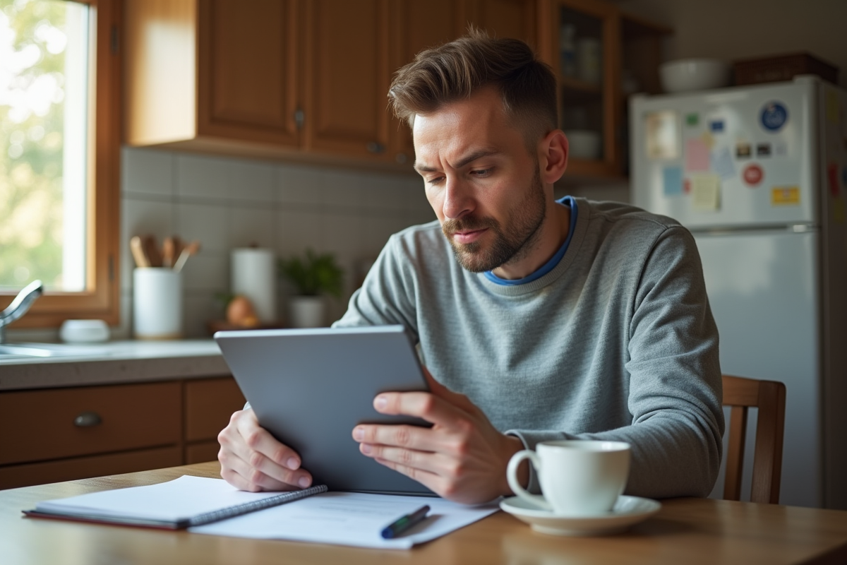 Homme utilisant une tablette dans une cuisine lumineuse