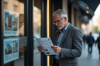 Homme d'affaires examine une annonce immobiliere en ville