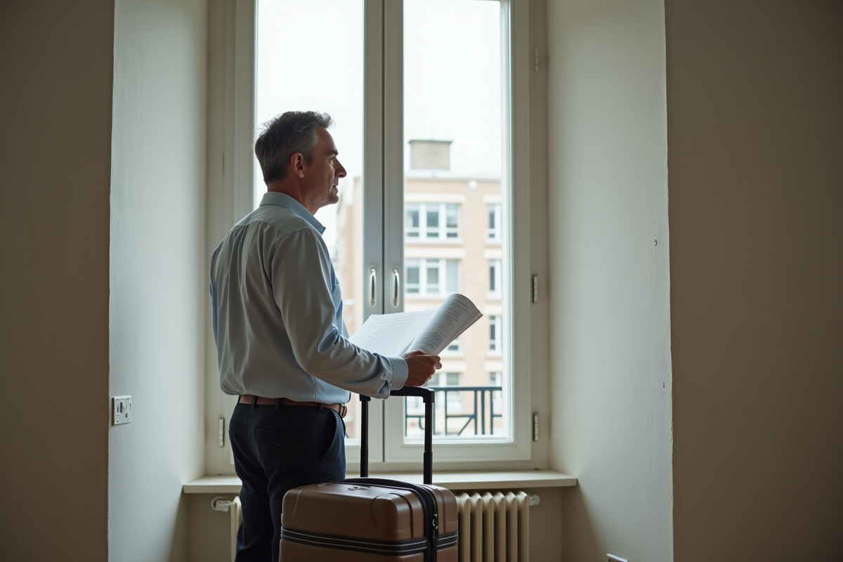 Homme regardant par la fenêtre dans un appartement vide