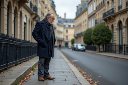 Homme d'âge moyen dans une rue urbaine française examine le trottoir