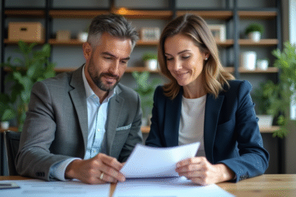 Homme et femme d'affaires examinant un document financier