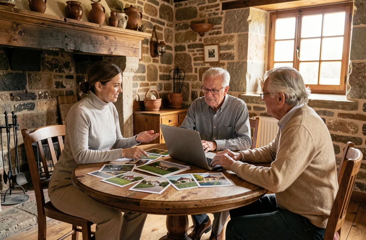 Conseillère IAD France des Côtes-d'Armor en rendez-vous avec un couple de retraités dans un intérieur breton traditionnel