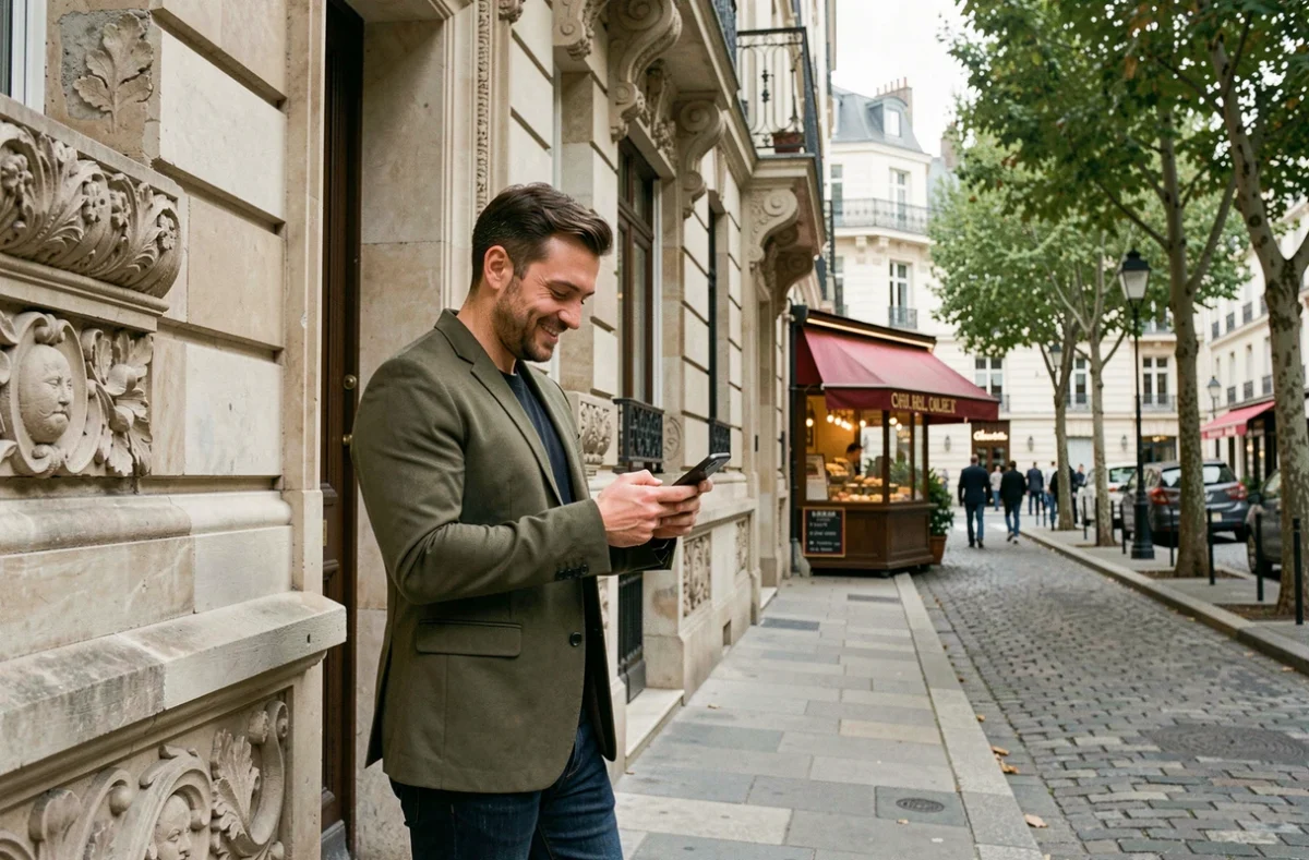 Jeune actif devant l'entrée d'un immeuble haussmannien rénové rue Sorbier dans le 20e arrondissement de Paris