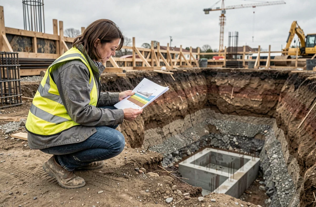 Ingénieure de chantier examinant un plan en coupe au bord d'une fouille montrant les couches de terrain