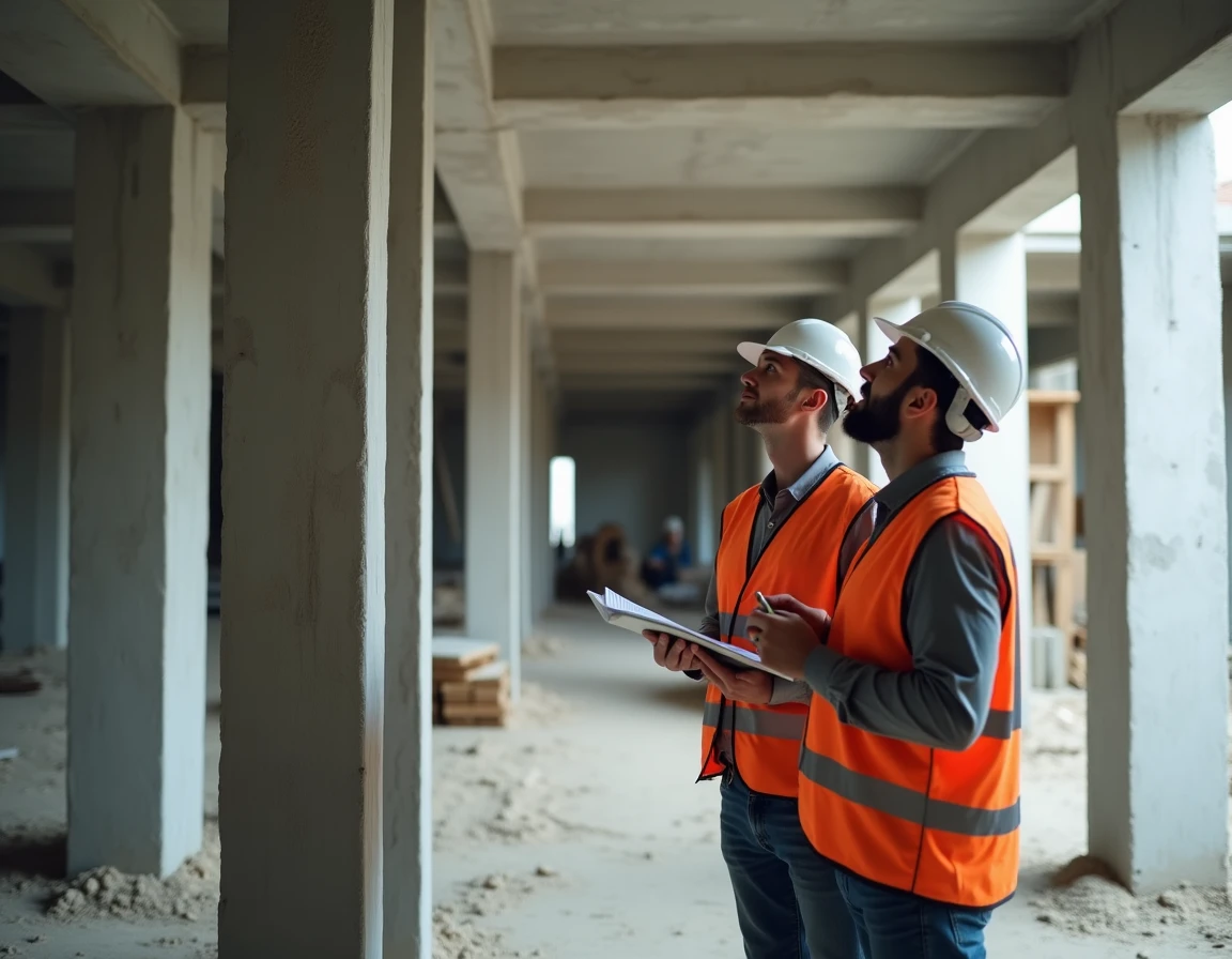 Ingénieurs inspectant une poutre en béton armé dans un chantier de rénovation structurelle, travaux de gros œuvre article 606 code civil