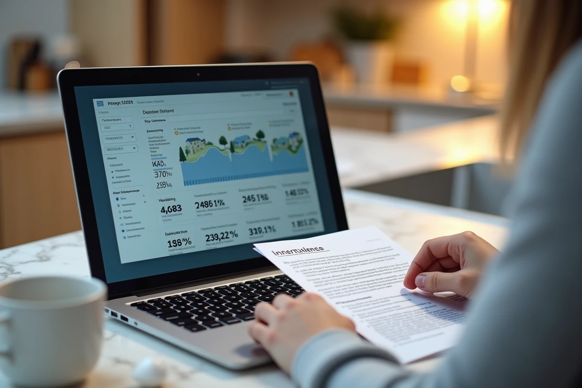 Écran de logiciel immobilier affichant une estimation de bien pour partage de succession, avec documents imprimés
