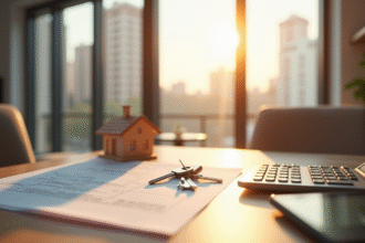 Intérieur d'un appartement moderne avec lumière naturelle et outils d'évaluation immobilière