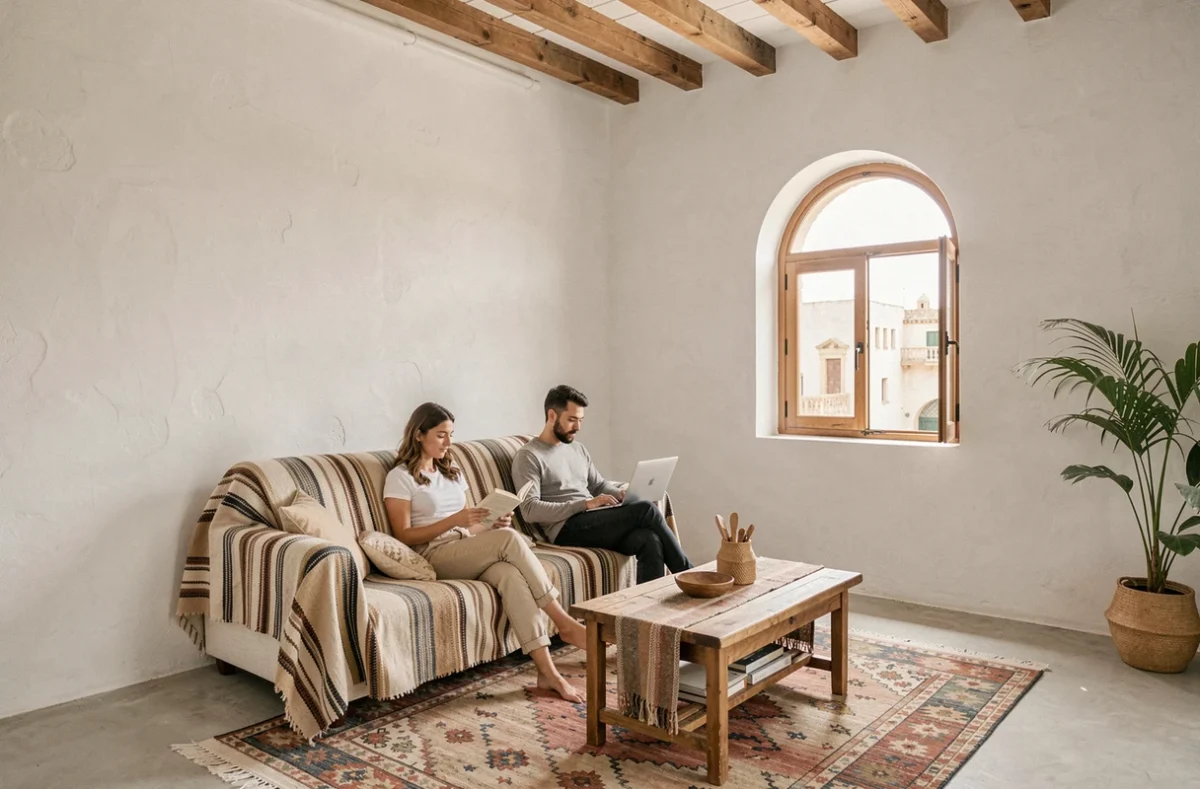 Salon chaleureux et épuré d'une maison de location pas chère à Essaouira avec poutres en bois apparentes, tapis kilim et couple détendu profitant de l'espace