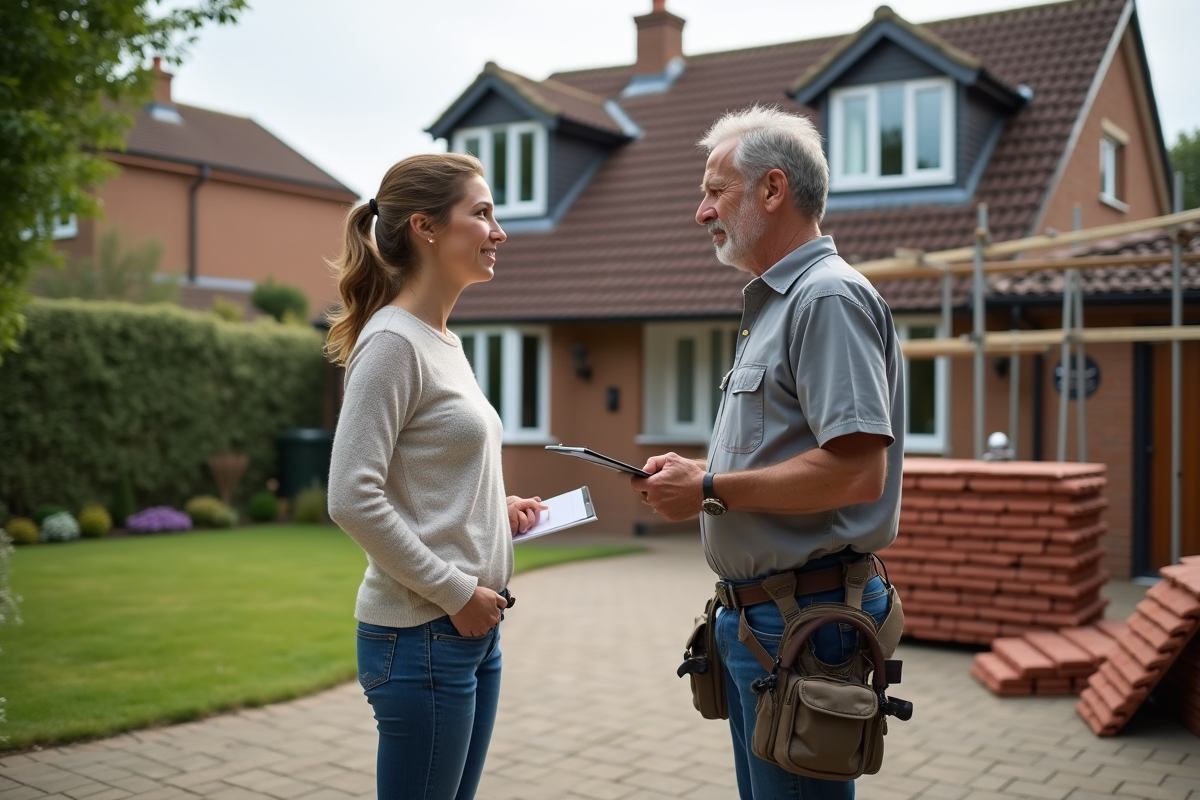 Femme propriétaire discutant avec un couvreur devant maison