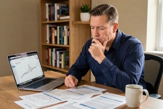 Investisseur immobilier analysant les charges locatives d'un appartement meublé sur ordinateur portable et documents imprimés