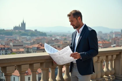 Investisseur immobilier consultant des plans d'appartement sur une terrasse avec vue panoramique sur Lyon et la basilique de Fourvière
