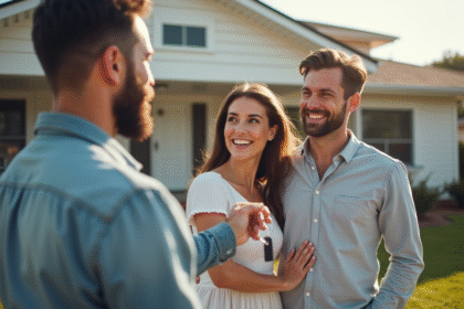Couple souriant recevant les clés de leur maison neuve