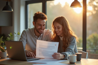 Jeune couple souriant à la cuisine pour un prêt immobilier