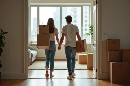 Jeune couple portant des cartons dans un appartement lumineux
