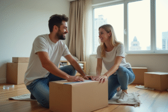 Jeune couple souriant en déménagement dans un salon lumineux