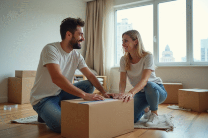 Jeune couple souriant en déménagement dans un salon lumineux