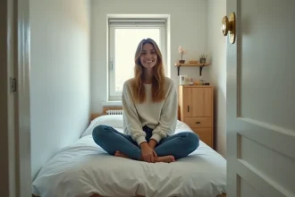 Jeune femme assise sur un lit dans une petite chambre