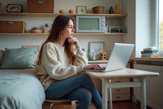 Jeune femme étudiant dans son studio avec ordinateur portable