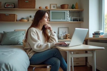 Jeune femme étudiant dans son studio avec ordinateur portable