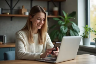 Jeune femme utilisant son ordinateur dans un appartement moderne