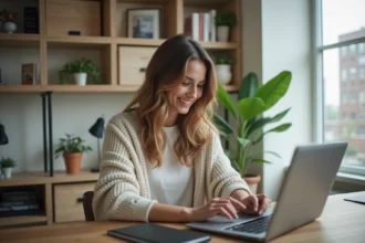 Jeune femme concentrée sur son ordinateur pour une demande de logement